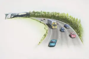 Van Vehicle Prints: Cars and lorry driving along three-lane motorway cutting through countryside