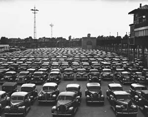 Cars on parking lot, (B&W), elevated view