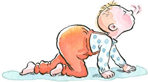 Cartoon of baby crawling on floor using sense of smell for guidance