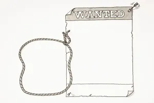 Blank Prints: Cartoon, blank wanted poster pinned up with two drawing pins and small arrow, rope noose