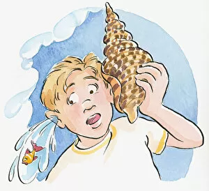 Images Dated 5th November 2008: Cartoon of boy holding large conch shell to ear, with surprised expression as fish