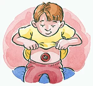 Images Dated 5th November 2008: Cartoon boy lifting yellow T-shirt and looking down at belly button on abdomen