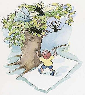 Cartoon of boy using stick make insect fall and fly from top of tree onto white sheet