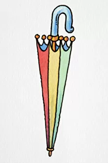 Cartoon, closed colourful umbrella with curved blue handle