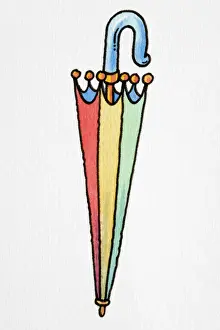 Rain Prints: Cartoon, closed colourful umbrella with curved blue handle