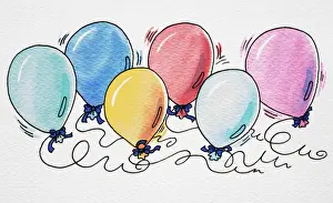 Medium Group Of Objects Prints: Cartoon, colourful selection of six balloons tied with blue bows and attached to pieces of string