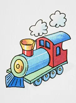 Toys Prints: Cartoon, colourful steam train locomotive blowing steam out of its chimney, elevated view