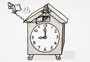Clock Collection: Cartoon, cuckoo clock with hands pointing to nine o clock