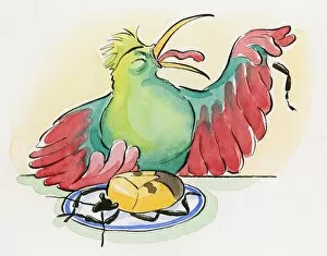 Images Dated 30th October 2008: Cartoon of dead Shield bug on plate and chicken grimacing as it spits out a leg of the insect