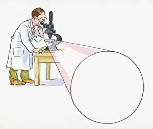 Skill Gallery: Cartoon of doctor looking through microscope, and large beam of light