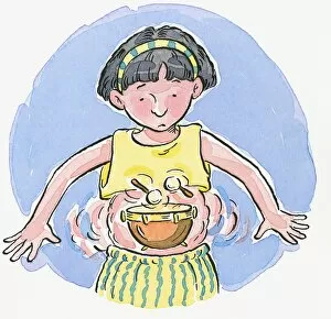 Looking Down Gallery: Cartoon of girl looking down at drumsticks hitting timpani in belly representing borborygmus or rumbling stomach