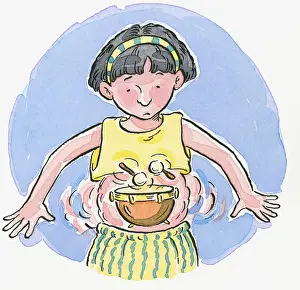 Three Quarter Length Prints: Cartoon of girl looking down at drumsticks hitting timpani in belly representing borborygmus or rumbling stomach