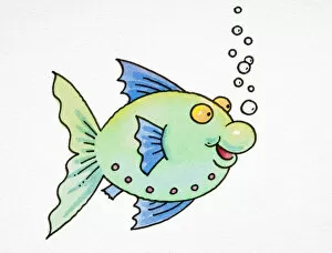 Cartoon, green fish with blue fins and gills, smiling with air bubbles rising from its mouth, side view