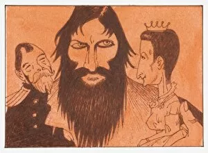 Cartoon of Griogri Rasputin, Nicholas II and his wife Alexandra