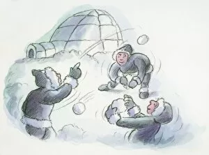 Images Dated 29th October 2008: Cartoon of igloo and Inuits throwing snowballs