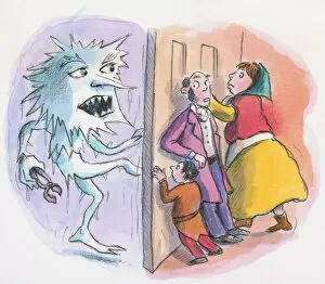 Images Dated 29th October 2008: Cartoon of Jack Frost kicking door as family behind push to keep it closed