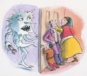 Determination Prints: Cartoon of Jack Frost kicking door as family behind push to keep it closed