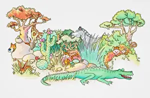 Wood Prints: Cartoon, jungle scene with variety of animal species emerging from behind rocks and vegetation