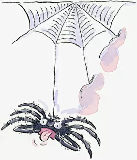 Cartoon of large spider hanging from web and sticking tongue out