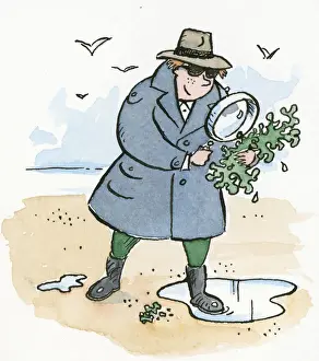 Looking Through An Object Prints: Cartoon of man dressed as detective looking at seaweed through magnifying glass