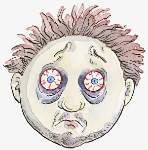 Images Dated 5th November 2008: Cartoon of man with messy hair, bags below bloodshot eyes, and stubble on face and chin