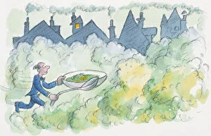 Cartoon of man running on yellowish-green smog caused by smoke from chimneys