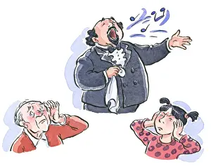 Mouth Open Prints: Cartoon of man singing as deaf senior man cups hand to ear to hear and girl holds hands over ears to block noise