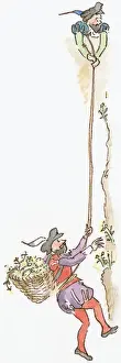 At The Bottom Of Prints: Cartoon of man wearing 16th century costume carrying basket of wildflowers on back