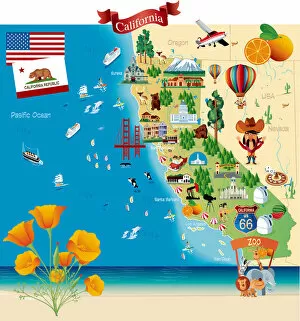 Images Dated 1st March 2018: Cartoon map of California