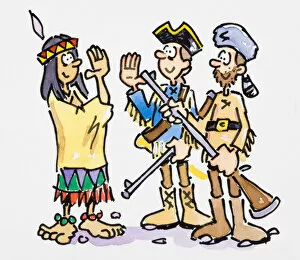 Cartoon of Native American greeting two men