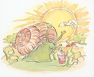Heat Temperature Prints: Cartoon of of snail in hot sun using straw to drink cold water from glass