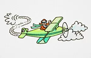 Flying Gallery: Cartoon, pilot flying green open-topped aeroplane among clouds and waving