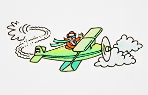 Cartoon, pilot flying green open-topped aeroplane among clouds and waving, his scarf rustling in wind, side view