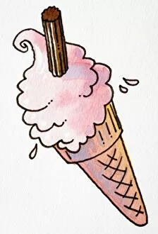 Cartoon, pink ice cream with chocolate flake in wafer cone