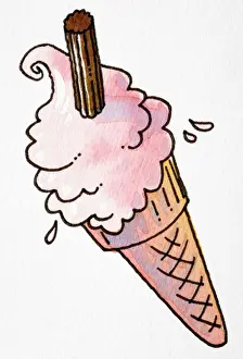 Cone Prints: Cartoon, pink ice cream with chocolate flake in wafer cone
