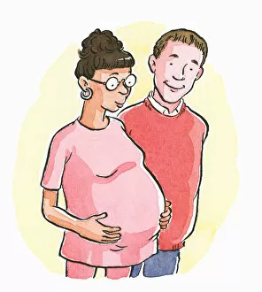 Images Dated 5th November 2008: Cartoon of pregnant woman with hands on stomach, and husband, anticipating birth