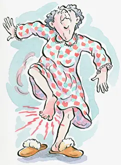 Cartoon of senior woman in nightdress and slippers standing on one leg in pain from paraesthesia, or pins and needles, in raised foot