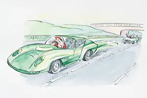 Fast Prints: Cartoon of slow police car chasing laughing motorist speeding in sports car on road
