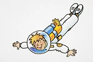 Cartoon, smiling blonde astronaut wearing spherical glass helmet and flaming rocket pack on his back