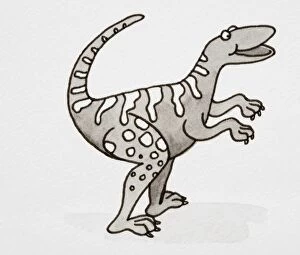 Cartoon, smiling Dinosaur standing with its tail curled up, side view