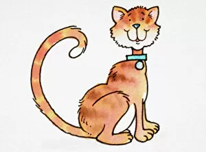 Mammals Gallery: Cartoon, smiling ginger Cat (Felis sylvestris catus) with blue collar, sitting with tail curled up