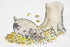 Woods Prints: Cartoon of smiling grey wild Pig grazing by the foot of tree trunk