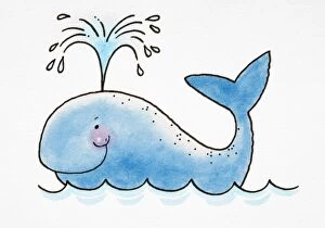 Cartoon, smiling whale spouting water from its blowhole, side view