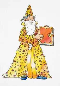 Wand Gallery: Cartoon, smiling wizard with long white beard, matching yellow cape and hat