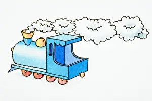 Toys Prints: Cartoon, steam train locomotive blowing steam out of its chimney, side view