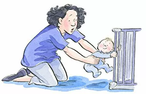 Cartoon of surprised mother struggling to pull baby with strong grip from cot bars