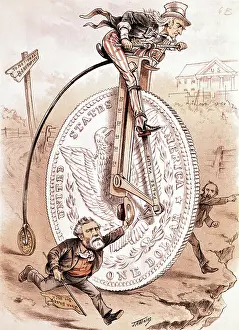 Bicycling Prints: Cartoon of Uncle Sam on Bicycle Illustrating Gold vs. Silver Standard by J.A. Wales