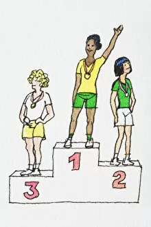Satisfaction Gallery: Cartoon of winner with arm raised standing on podium with two medalists