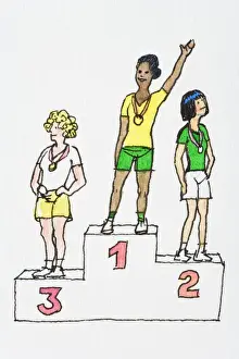 Winner Prints: Cartoon of winner with arm raised standing on podium with two medalists