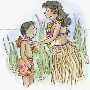 Shorts Prints: Cartoon of woman in traditional Hawaiian skirt hanging Lie on neck of boy